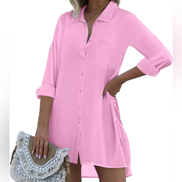 Beach Bikini Cover-up | Long Roll-up Sleeve Beach Shirt | Pink Button Down Shirt - Picture 5 of 14